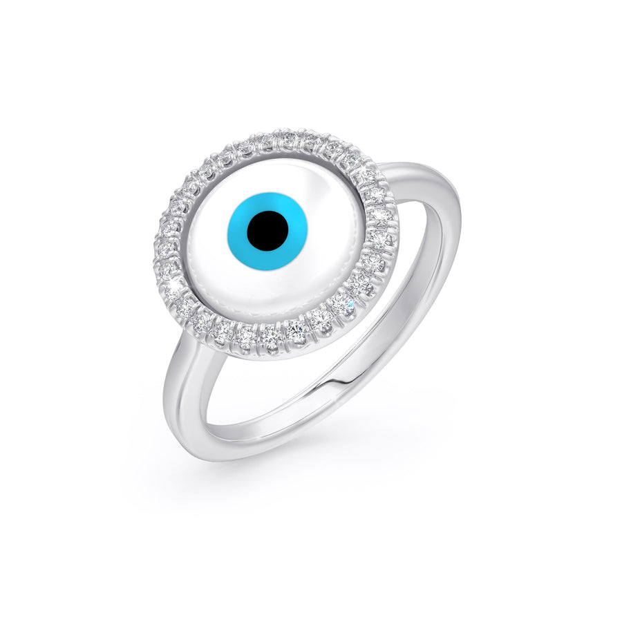 White Evil Eye Charm Diamond Ring