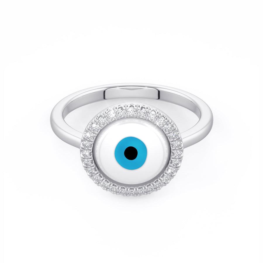 White Evil Eye Charm Diamond Ring