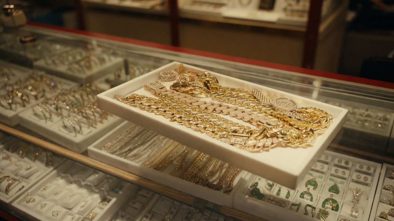 Jewelry display with chains, pendants and rings — editorial campaign photograph